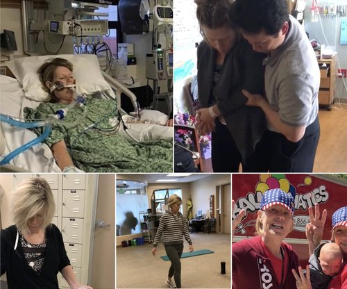 Patient recovery journey collage showing hospital stay through rehabilitation milestones